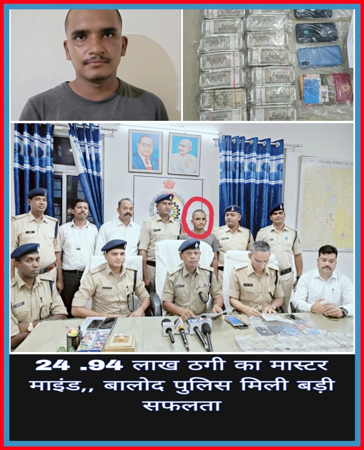 पुलिस महानिरीक्षक दुर्ग रेंज दुर्ग एवं पुलिस अधीक्षक एस आर भगत बालोद के निर्देशन में बालोद पुलिस को मिली बड़ी सफलता  साइबर काईम के गढ़ नवादा बिहार से मुख्य आरोपी गिरफ्तार। आरोपी सोनू कुमार द्वारा थाना दल्लीराजहरा के प्रार्थी से किया था 24,92,000 रू की ठगी। आरोपी के कब्जे से 24,00000 (चौबीस लाख रूपये नगदी बरामद  03 नग मोबाईल फोन, बैंक एटीएम 03 नग, बैंकपासबुक 03 नग बरामद। •